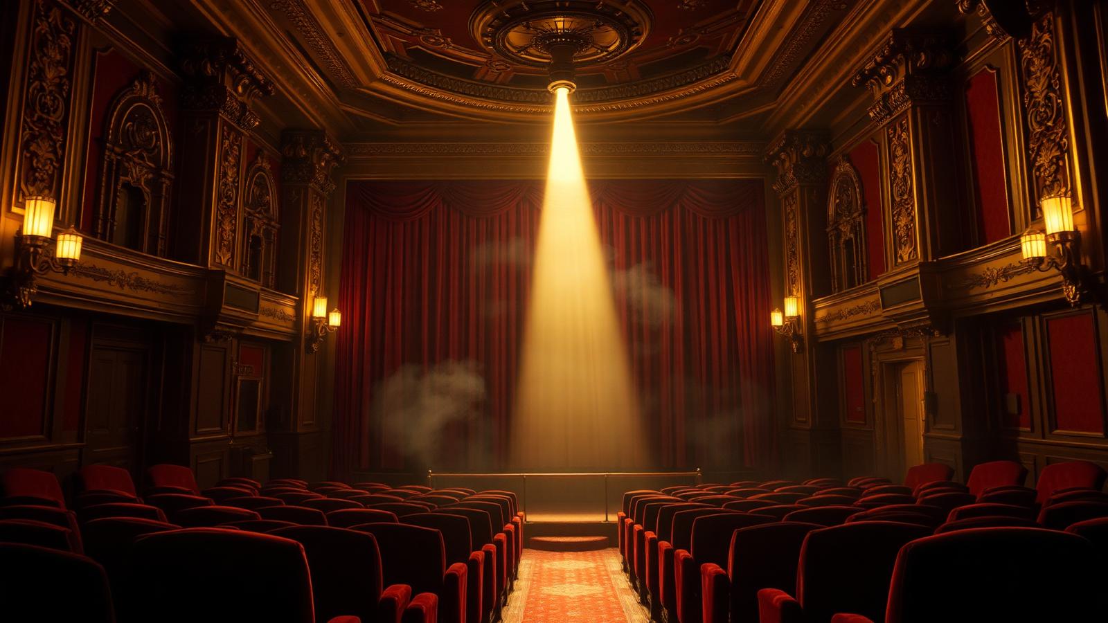 A 1940s movie palace lit by a single beam of projector light